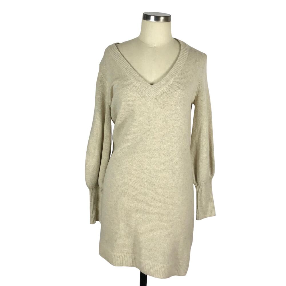 MADEWELL Dress Cream Sweater Puff Sleeves Pullover Size XS Knit V-Neck Neutral